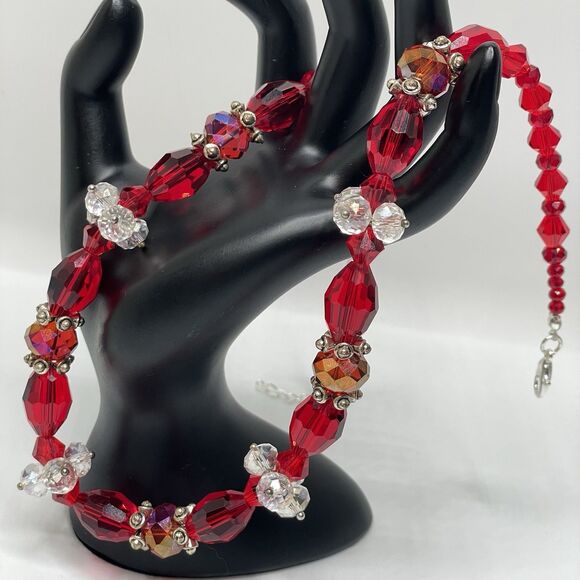 Artisan Red White Glass Beaded STatement Necklace Elegant Stunning Sparkly 21” - Picture 2 of 7
